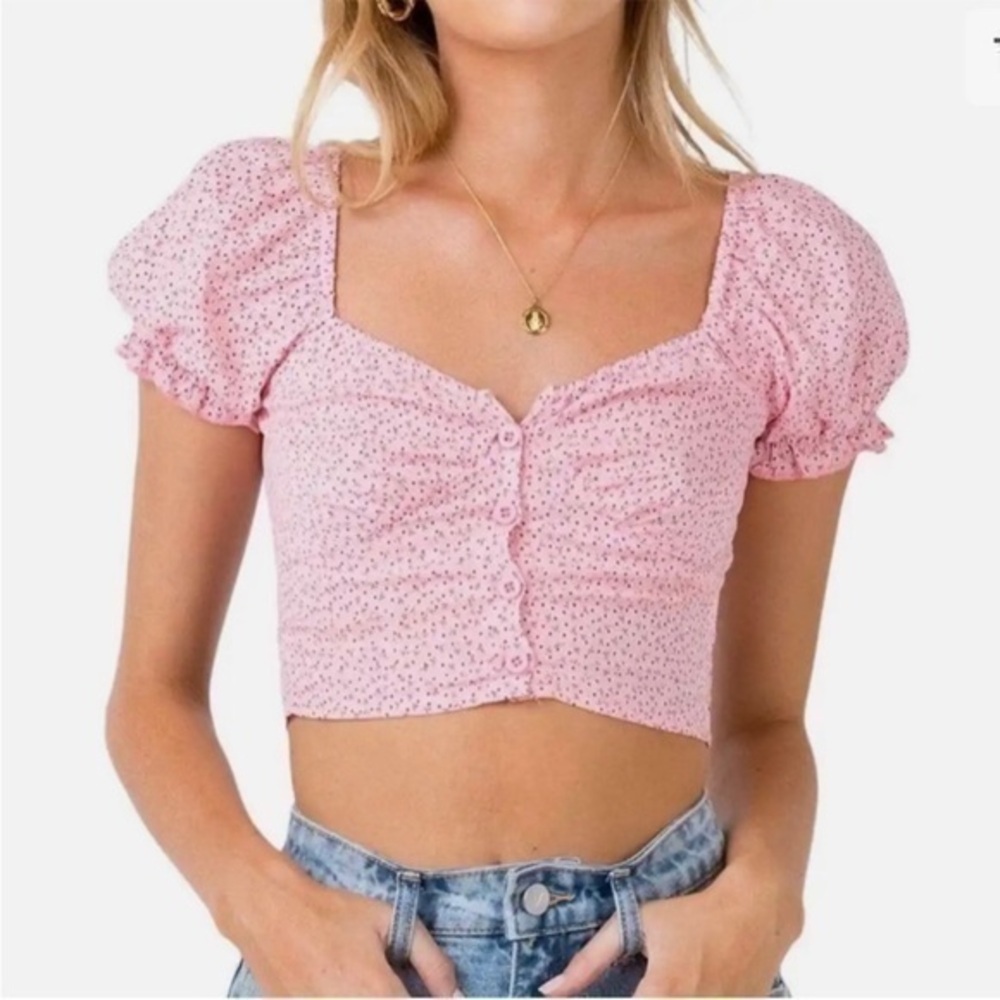 Princess Polly The Laura Top Puff Short Sleeve Floral Pink Cropped Top